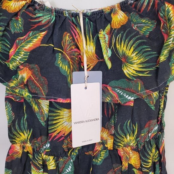 NWT Vanessa Alexandra Linen Off the Shoulder Tiered Midi Dress Tropical Print XS - Picture 4 of 6